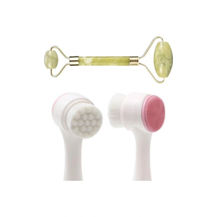 2li Set Çift Taraflı Cilt Temizleme Fırçası ve Yeşim Taşı Çift Taraflı Cilt Masaj Aleti (5324)