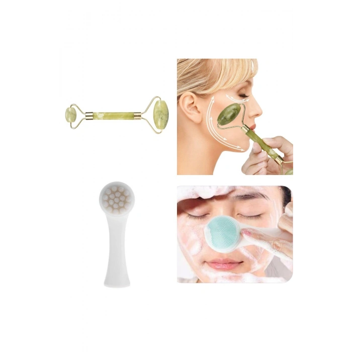 2li Set Çift Taraflı Cilt Temizleme Fırçası ve Yeşim Taşı Çift Taraflı Cilt Masaj Aleti (5324)