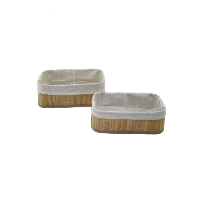 2Lİ DİKDÖRTGEN BAMBU KENAR ORGANİZER SEPET AHŞAP ALTLIK - BEZLİ 19X27X10CM - 15X24X8CM (5324)