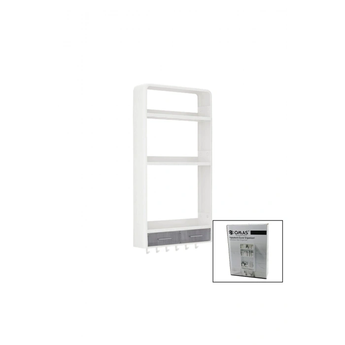 BEYAZ YAPIŞKANLI DUVAR ORGANİZERİ PLASTİK 3 RAF=14CM-19CM-30CM - 2 ÇEKMECE=40CM - 6 ASKI 19 PARÇA (5