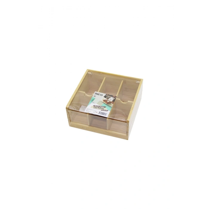 AHŞAP BAMBU 6 BÖLMELİ POŞET ÇAY KUTUSU MİKA PLASTİK KAPAK 21X20X10CM (5324)