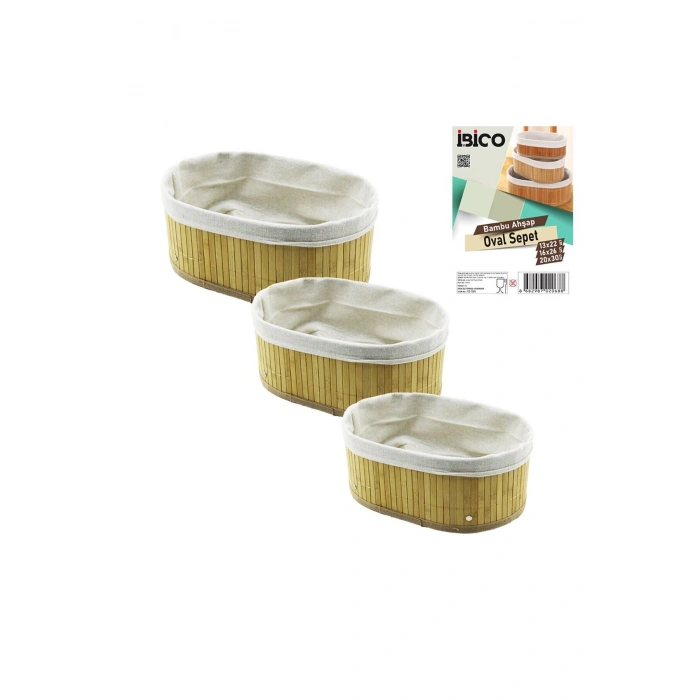 3 BOY OVAL BAMBU KENAR ORGANİZER SEPET AHŞAP ALTLIK - BEZLİ 13X22-16X26-20X30CM (5324)