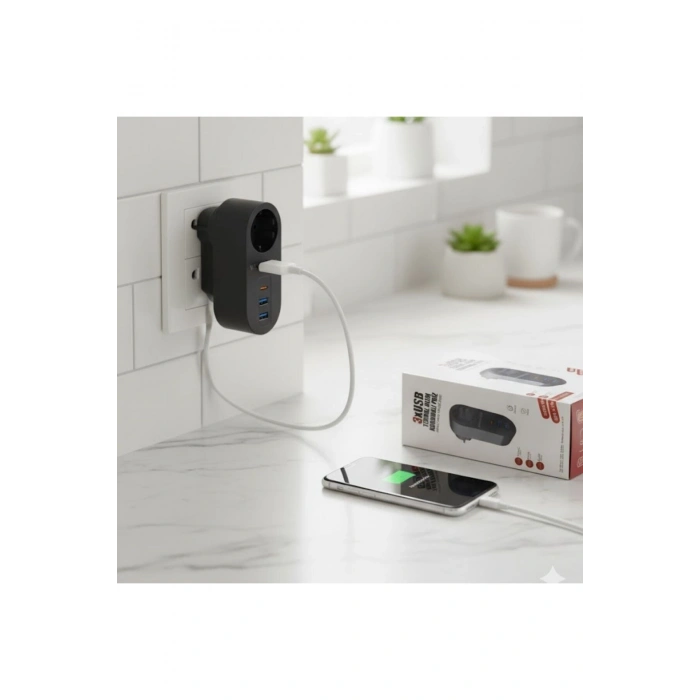 2 USB,1 TYPE-C Girişli 1'li Çocuk Korumalı,Isıya Karşı Dayanıklı 2500Watt Termal Akım Korum