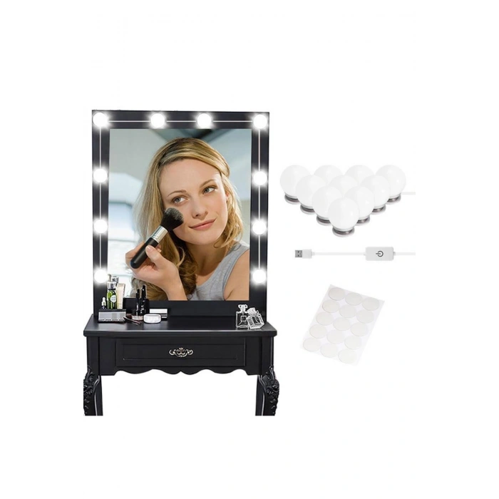 Nostalji Hollywood Tarzı 10lu Makyaj Masası Aynası Beyaz Led Işıklı Lamba USB (5324)