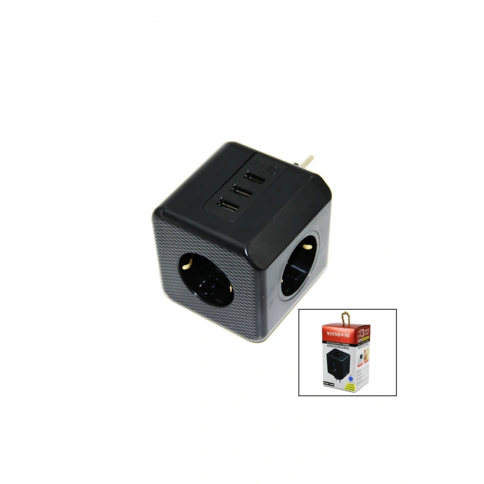 TERMAL AKIM KORUMALI 3X PRİZ 3X USB DUVAR TİPİ PRİZ SİYAH 10A - 2500W (5324)