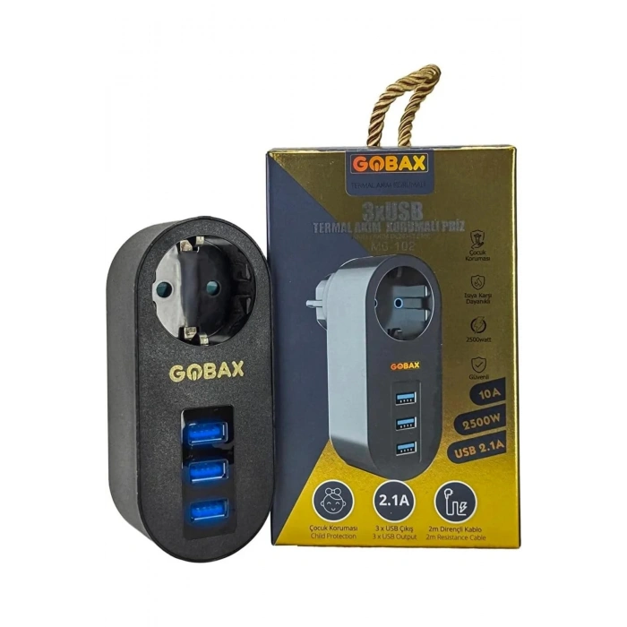 Gobax Termal Akım Korumalı Akıllı Priz 3xusb Li, Çocuk Korumalı, Led Işıklı, Yüksek Isıya Dayanıklı