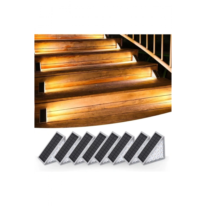 8 Adet Üçgen Güneş Enerjisi ile Şarj Olan Dış Mekan Solar Basamak Köşe Lambası (5324)