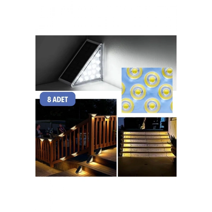 8 Adet Üçgen Güneş Enerjisi ile Şarj Olan Dış Mekan Solar Basamak Köşe Lambası (5324)