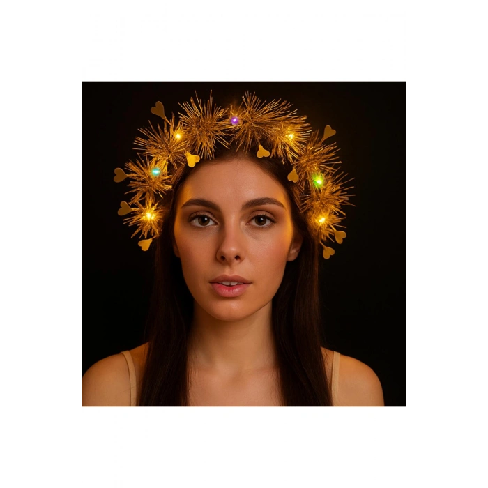 Kalp Püsküllü Gece Parıltısı 3 Modlu LED'li Işıklı Taç Altın Renk (5324)