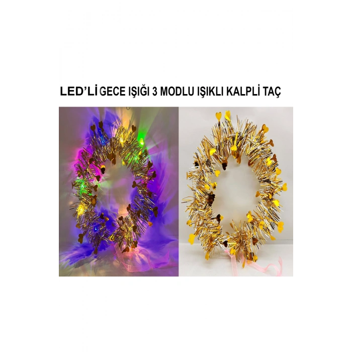 Kalp Püsküllü Gece Parıltısı 3 Modlu LED'li Işıklı Taç Altın Renk (5324)