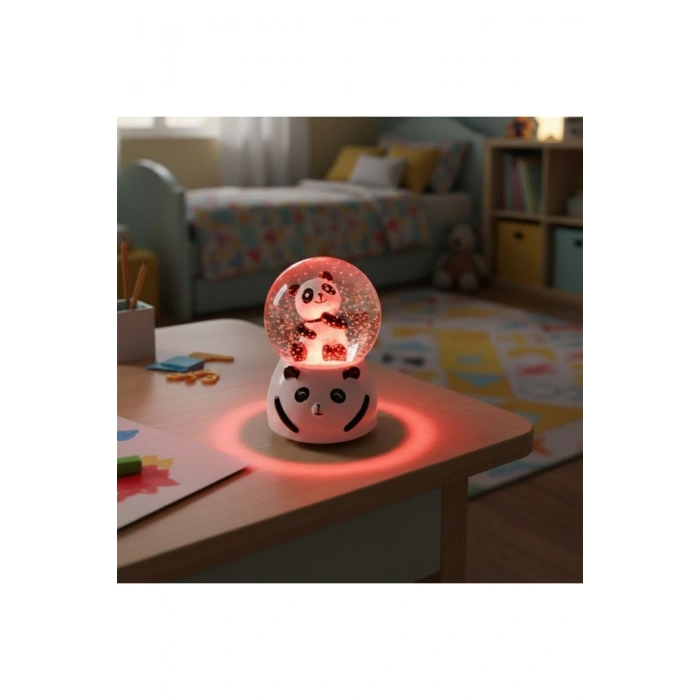 Pilli Işıkl�� Müzikli Kar Küresi–Sevimli Panda Figürlü Eğlenceli Masaüstü Biblo, LED Aydınlatmalı De