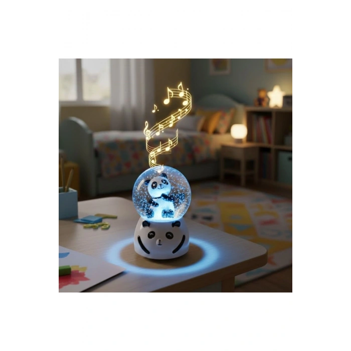Pilli Işıkl�� Müzikli Kar Küresi–Sevimli Panda Figürlü Eğlenceli Masaüstü Biblo, LED Aydınlatmalı De