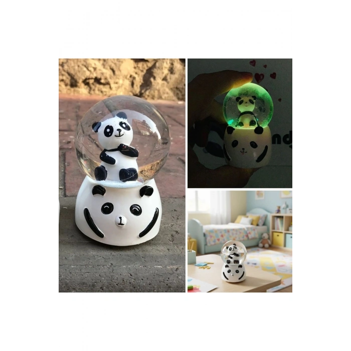 Pilli Işıkl�� Müzikli Kar Küresi–Sevimli Panda Figürlü Eğlenceli Masaüstü Biblo, LED Aydınlatmalı De