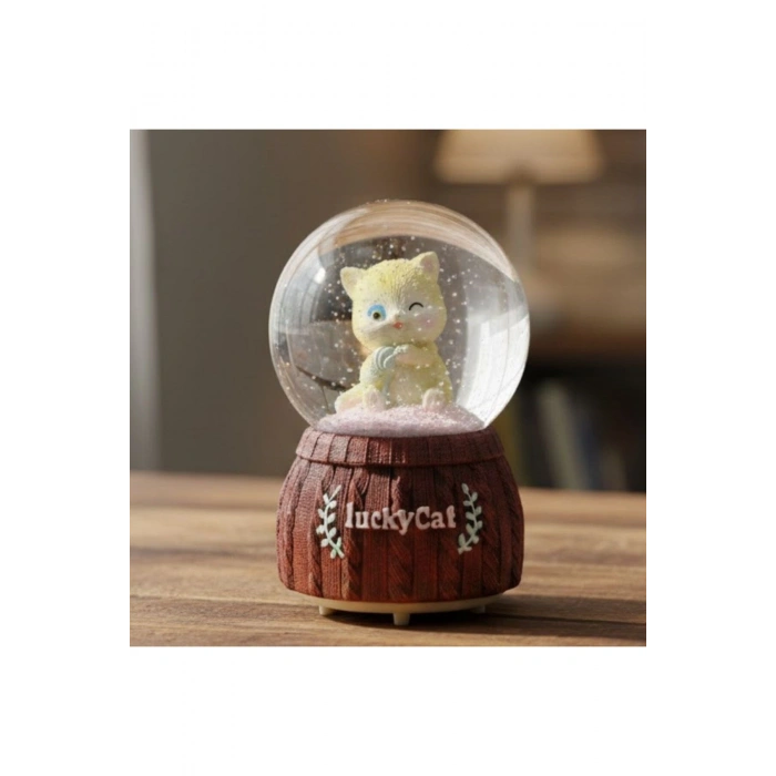 Pilli Işıklı Müzikli Kar Küresi–Şanslı Kedi Figürlü Eğlenceli Masaüstü Biblo, LED Aydınlatmalı Dekor