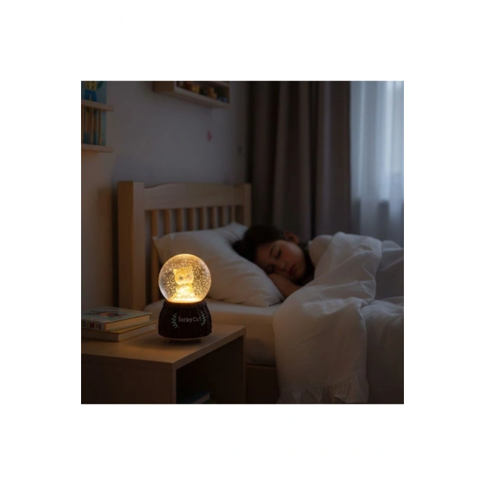 Pilli Işıklı Müzikli Kar Küresi–Şanslı Kedi Figürlü Eğlenceli Masaüstü Biblo, LED Aydınlatmalı Dekor