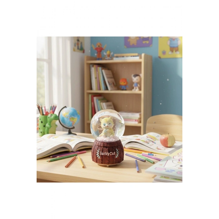 Pilli Işıklı Müzikli Kar Küresi–Şanslı Kedi Figürlü Eğlenceli Masaüstü Biblo, LED Aydınlatmalı Dekor