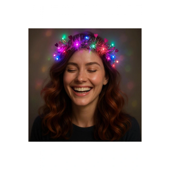 Kalp Püsküllü Gece Parıltısı 3 Modlu LED'li Işıklı Taç Fuşya Renk (5324)