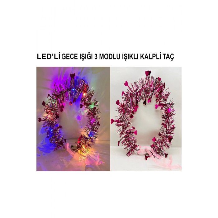 Kalp Püsküllü Gece Parıltısı 3 Modlu LED'li Işıklı Taç Fuşya Renk (5324)