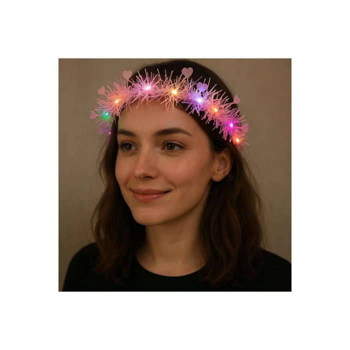 Kalp Püsküllü Gece Parıltısı 3 Modlu LED'li Işıklı Taç Pembe Renk (5324)