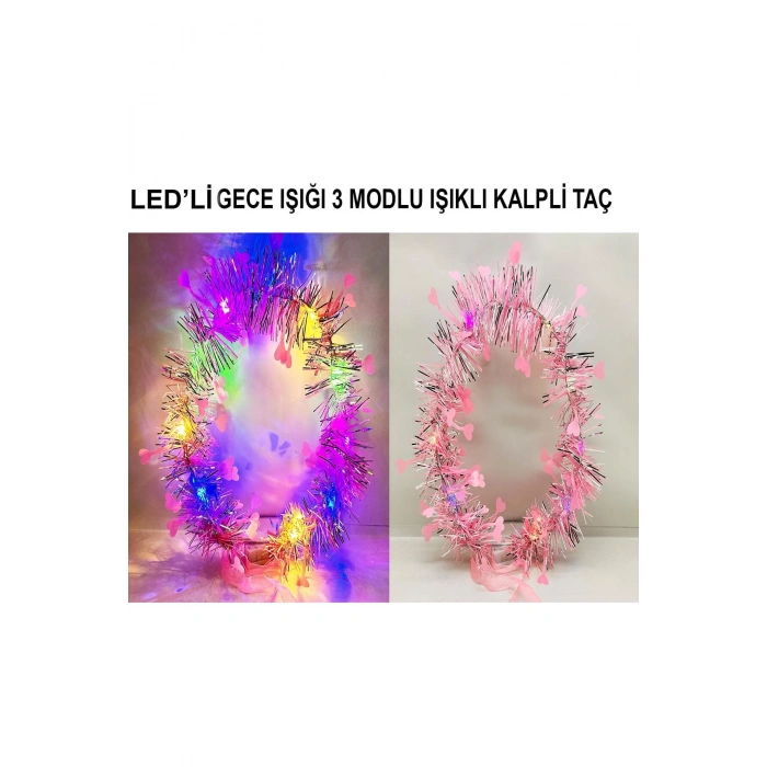 Kalp Püsküllü Gece Parıltısı 3 Modlu LED'li Işıklı Taç Pembe Renk (5324)