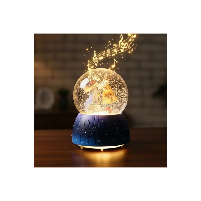 Pilli Işıklı Müzikli Kar Küresi–Valizli Sevgili Çift Figürlü Eğlenceli Masaüstü Biblo, LED Aydınlatm