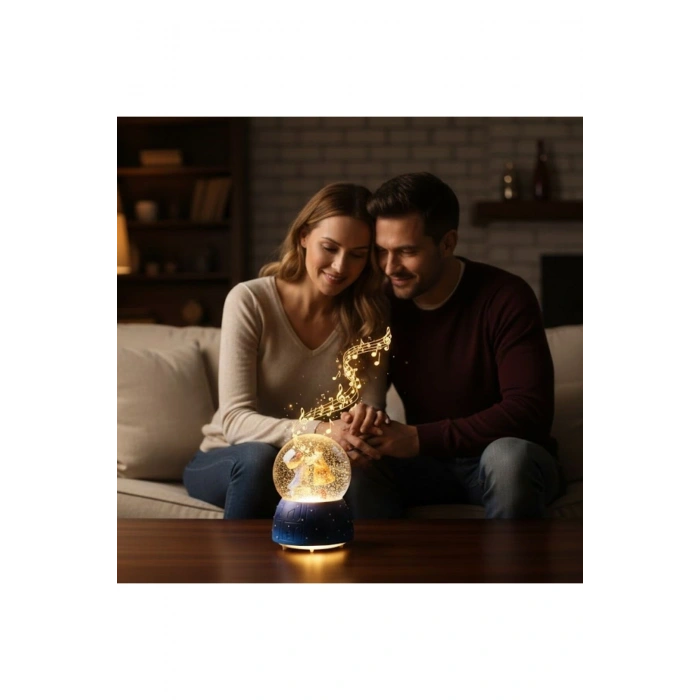 Pilli Işıklı Müzikli Kar Küresi–Valizli Sevgili Çift Figürlü Eğlenceli Masaüstü Biblo, LED Aydınlatm