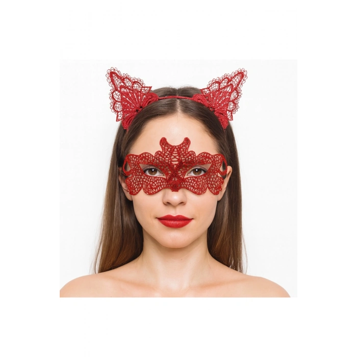 Ateş Kırmızısı Dantel Taç ve Maske Seti 10 No - Maskeli Balo &amp; Özel Gün Seti (5324)
