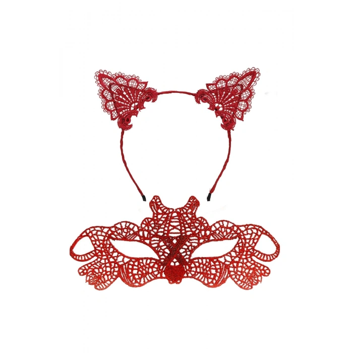 Ateş Kırmızısı Dantel Taç ve Maske Seti 10 No - Maskeli Balo &amp; Özel Gün Seti (5324)