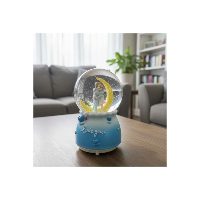 Pilli Işıklı Müzikli Kar Küresi–Hilal Ay Figürlü Romantik Masaüstü Biblo, LED Aydınlatmalı Dekoratif
