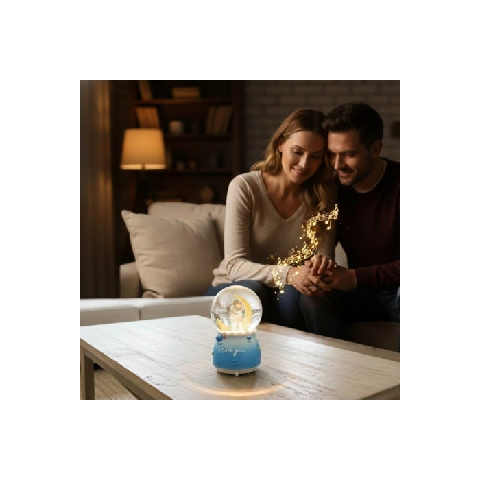 Pilli Işıklı Müzikli Kar Küresi–Hilal Ay Figürlü Romantik Masaüstü Biblo, LED Aydınlatmalı Dekoratif