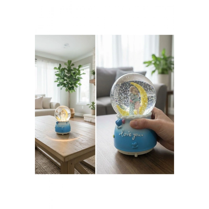 Pilli Işıklı Müzikli Kar Küresi–Hilal Ay Figürlü Romantik Masaüstü Biblo, LED Aydınlatmalı Dekoratif