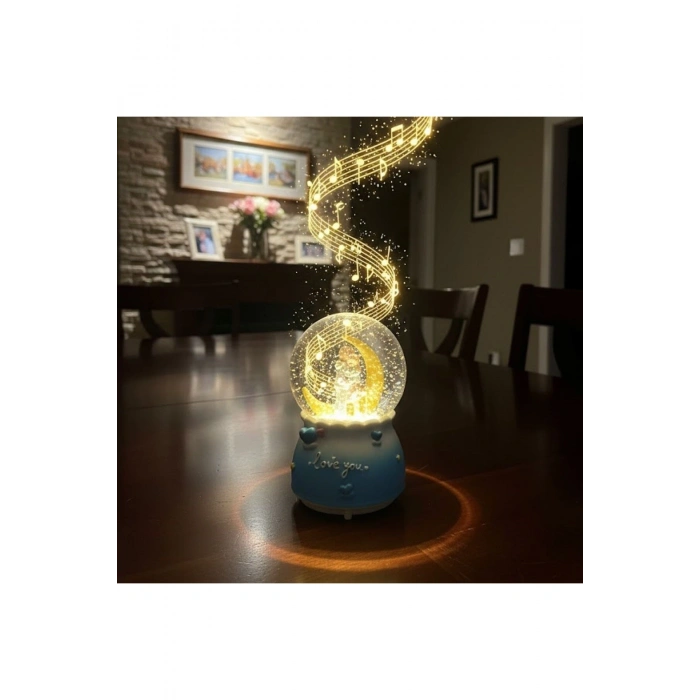 Pilli Işıklı Müzikli Kar Küresi–Hilal Ay Figürlü Romantik Masaüstü Biblo, LED Aydınlatmalı Dekoratif