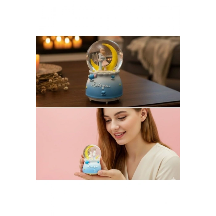 Pilli Işıklı Müzikli Kar Küresi–Hilal Ay Figürlü Romantik Masaüstü Biblo, LED Aydınlatmalı Dekoratif