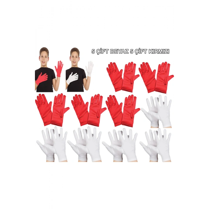 Çocuk Gösteri Eldiven Seti – 5 Çift Beyaz & 5 Çift Kırmızı