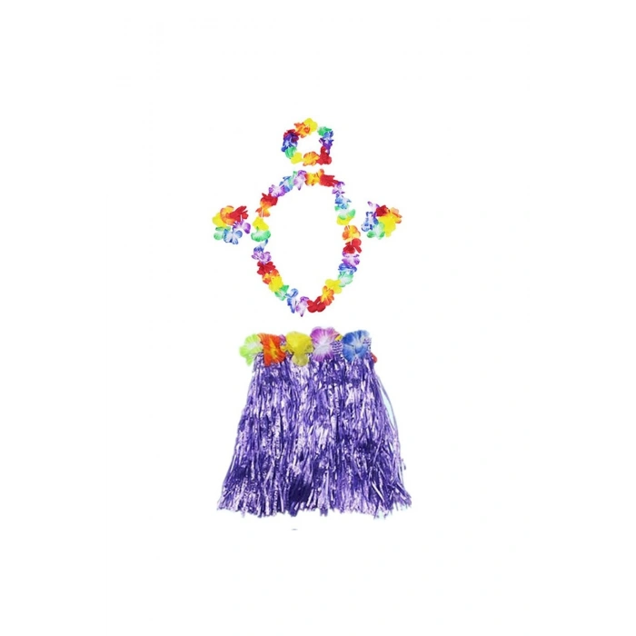 Luau Aloha Hawaii Kolye Etek Taç ve Bileklik Seti Mor (5324)