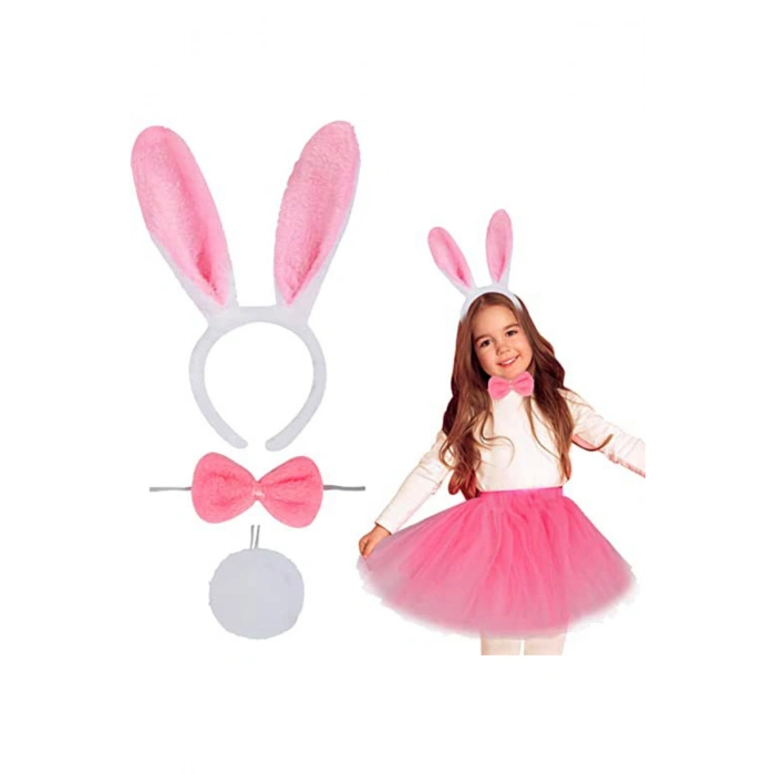 Tavşan Tacı Eteği Papyonu ve Kuyruk Kostüm Seti Pembe Renk Çocuk Boy (5324)