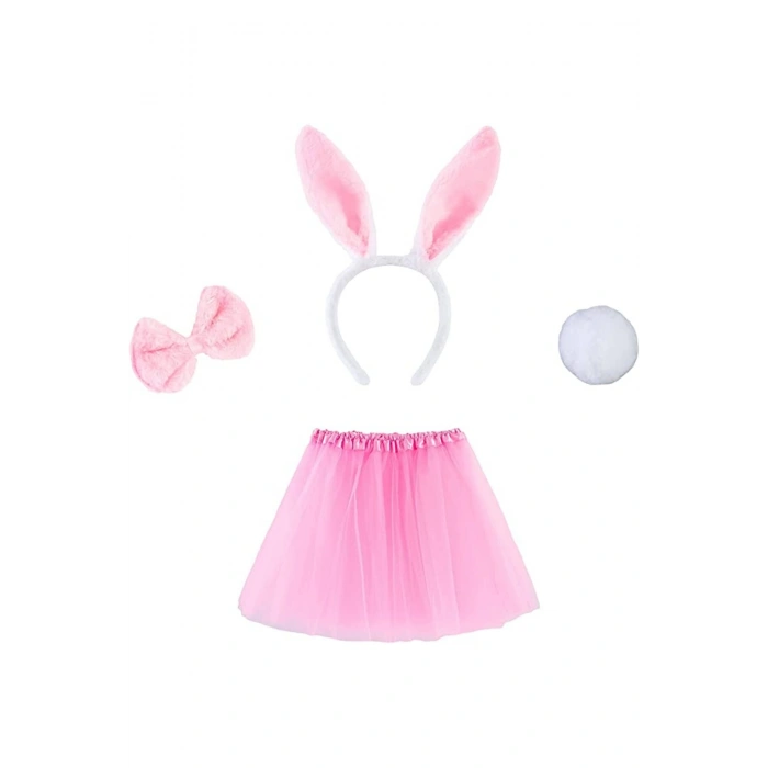 Tavşan Tacı Eteği Papyonu ve Kuyruk Kostüm Seti Pembe Renk Çocuk Boy (5324)