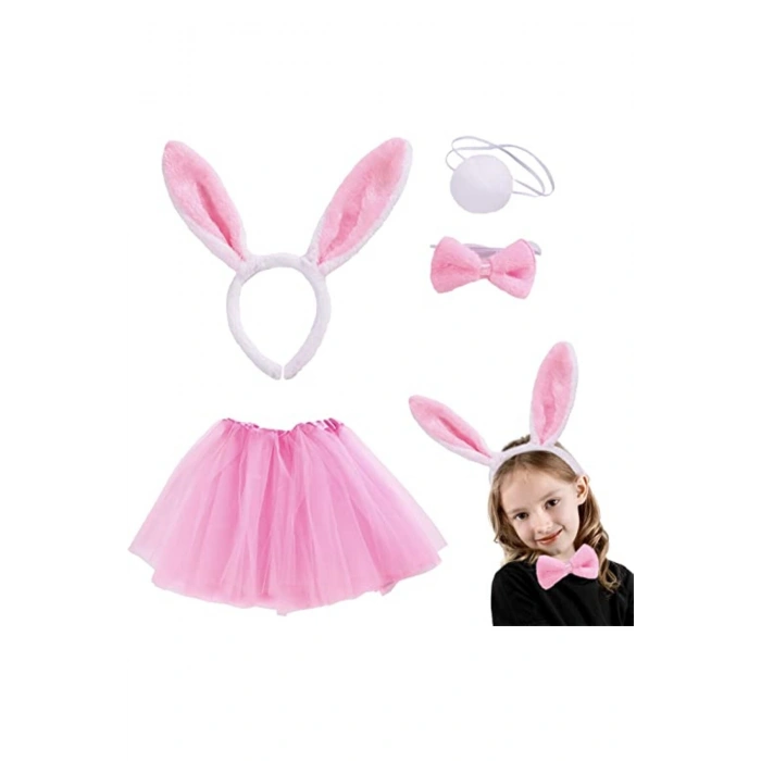 Tavşan Tacı Eteği Papyonu ve Kuyruk Kostüm Seti Pembe Renk Çocuk Boy (5324)