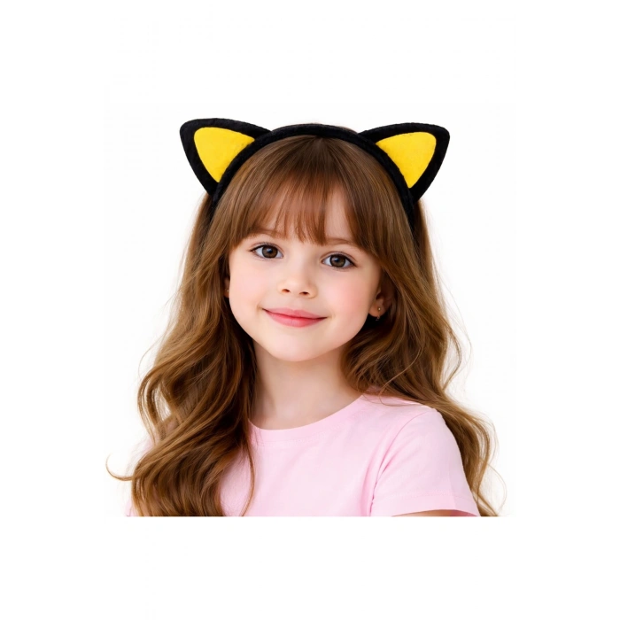 Peluş Kedi Kulak Taç Sarı Siyah – Çocuk Parti &amp; Kostüm Tacı (5324)