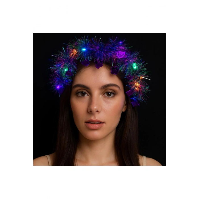 Kalp Püsküllü Gece Parıltısı 3 Modlu LED'li Işıklı Taç Mor Renk (5324)