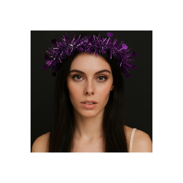 Kalp Püsküllü Gece Parıltısı 3 Modlu LED'li Işıklı Taç Mor Renk (5324)
