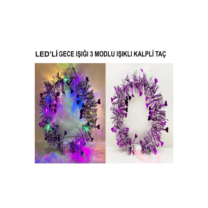 Kalp Püsküllü Gece Parıltısı 3 Modlu LED'li Işıklı Taç Mor Renk (5324)