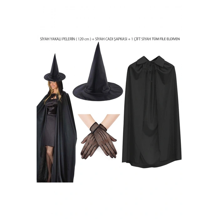 120 cm Siyah Yakalı Cadı Pelerini Cadı Şapkası ve 1 Çift Siyah Kısa File Tüm Eldiven Seti 3 Parça (5