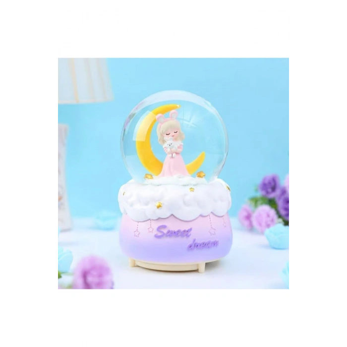 Pilli Işıklı Müzikli Kar Küresi–Hilal Ay Önünde Prenses Figürlü Eğlenceli Masaüstü Biblo, LED Aydınl