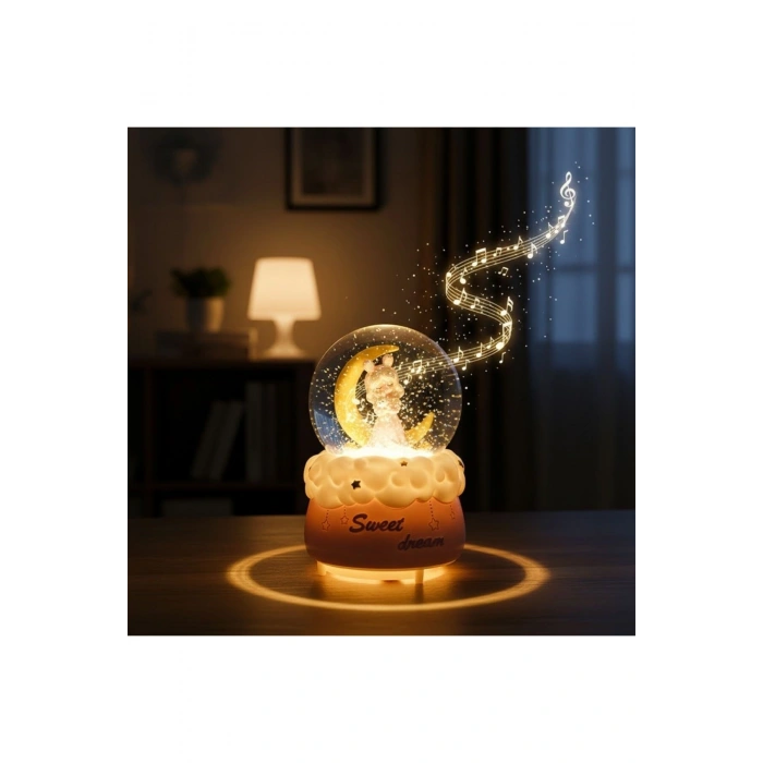 Pilli Işıklı Müzikli Kar Küresi–Hilal Ay Önünde Prenses Figürlü Eğlenceli Masaüstü Biblo, LED Aydınl