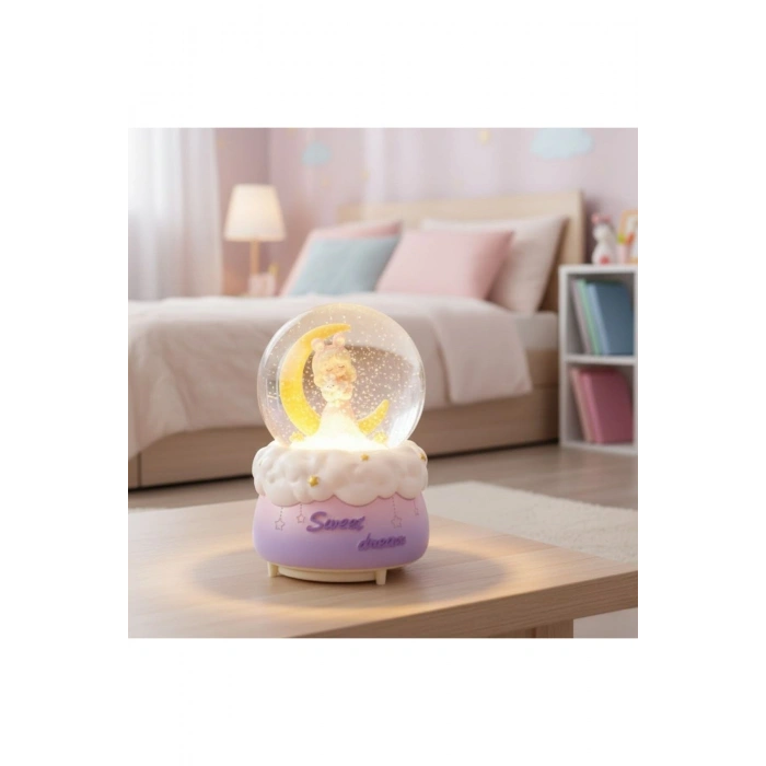 Pilli Işıklı Müzikli Kar Küresi–Hilal Ay Önünde Prenses Figürlü Eğlenceli Masaüstü Biblo, LED Aydınl