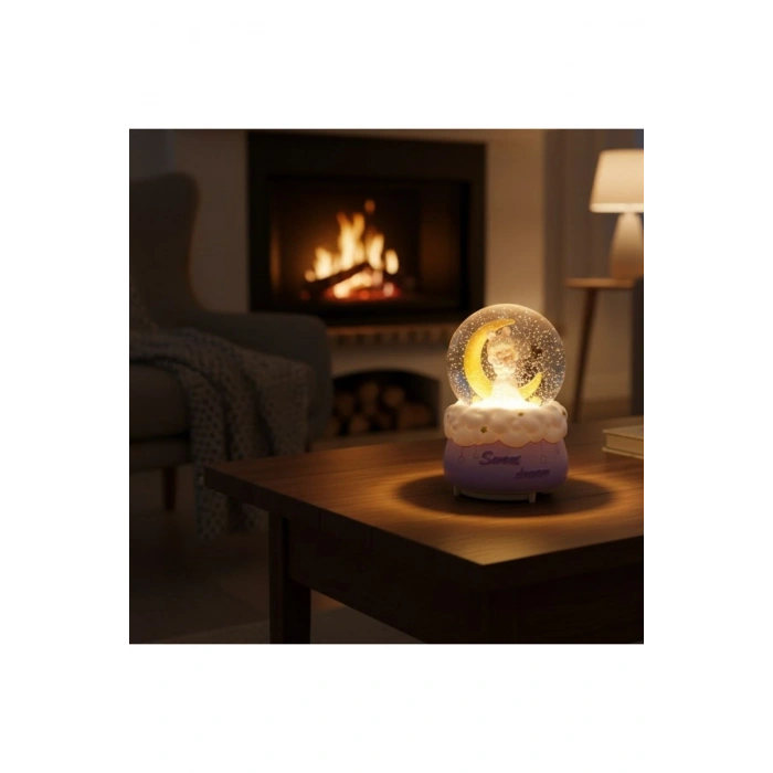 Pilli Işıklı Müzikli Kar Küresi–Hilal Ay Önünde Prenses Figürlü Eğlenceli Masaüstü Biblo, LED Aydınl