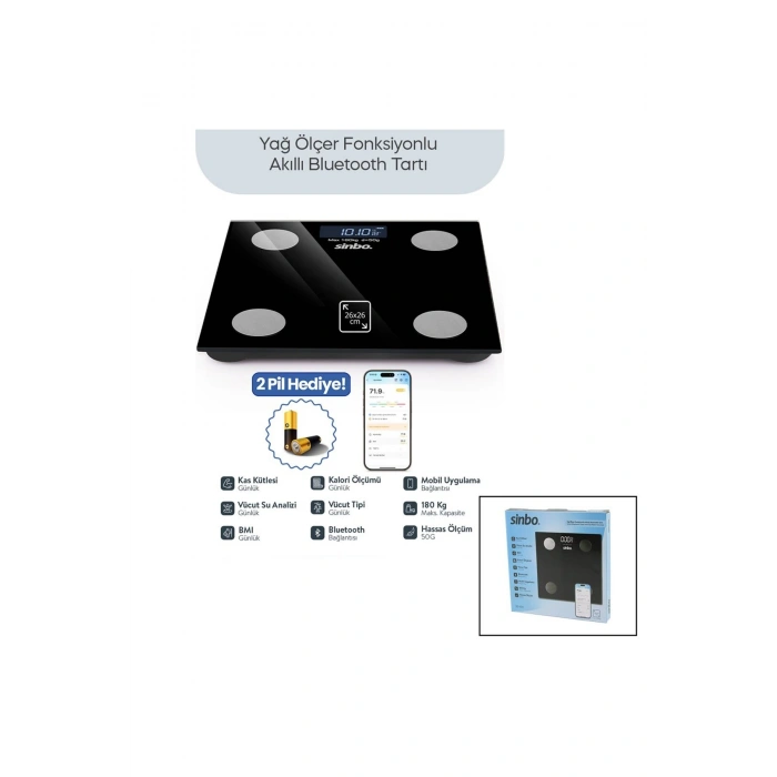 SİYAH YAĞ ÖLÇER AKILLI BLUETOOTH CAM BASKÜL PİLLİ 180KG/50GR 26X26CM 8-KİŞİ HAFIZA LCD EKRAN ℃ GÖSTE