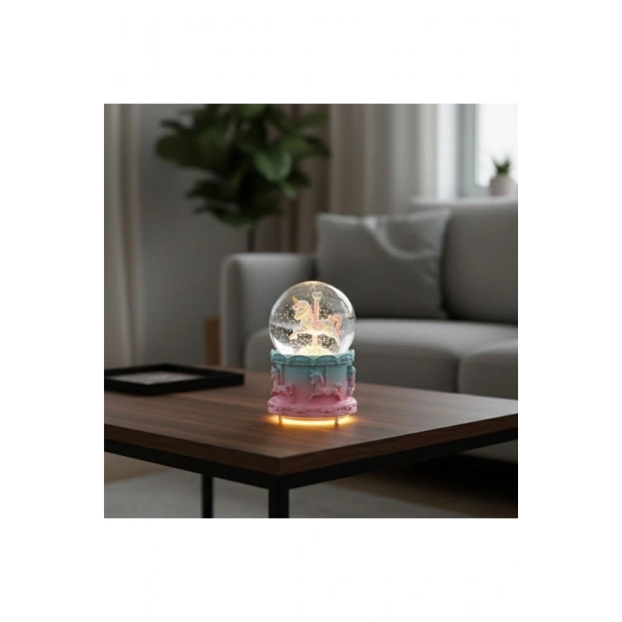 Pilli Işıklı Müzikli Kar Küresi–At Figürlü Eğlenceli Masaüstü Biblo, LED Aydınlatmalı Dekoratif Hedi