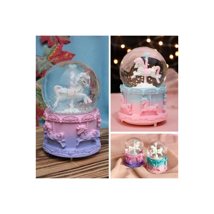 Pilli Işıklı Müzikli Kar Küresi–At Figürlü Eğlenceli Masaüstü Biblo, LED Aydınlatmalı Dekoratif Hedi